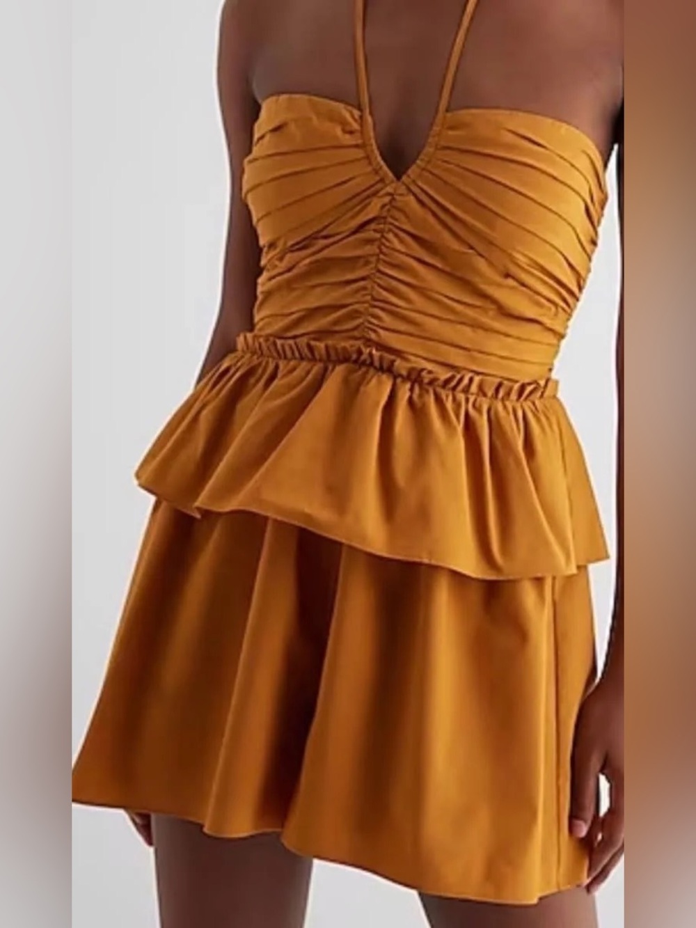 Express Mustard Ruched Peplum Jumpsuit